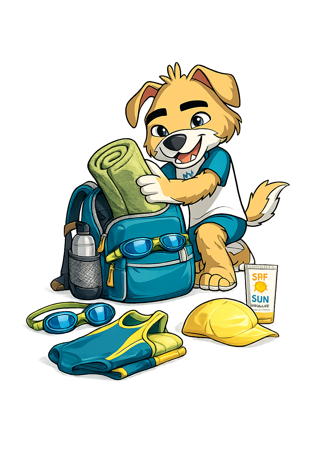 Sunny packing his backpack with goggles, towel, water bottle and sunblock